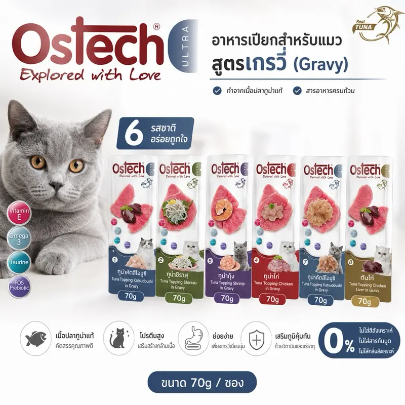 Ostech Ultra ออสเทค อัลตร้า อาหารเปียกแมวสูตรทูน่าในเยลลี่-เกรวี่ ทูน่าเนื้อขาว ขนาด 70g - ภาพที่ 3