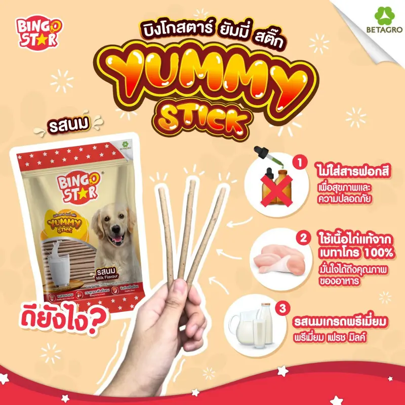 ขนมสุนัข Bingo Star Yummy Stick บิงโกสตาร์ยัมมี่สติ๊ก แบบแท่ง หยิบป้อนง่าย มีลายรสชาติ - ภาพที่ 3