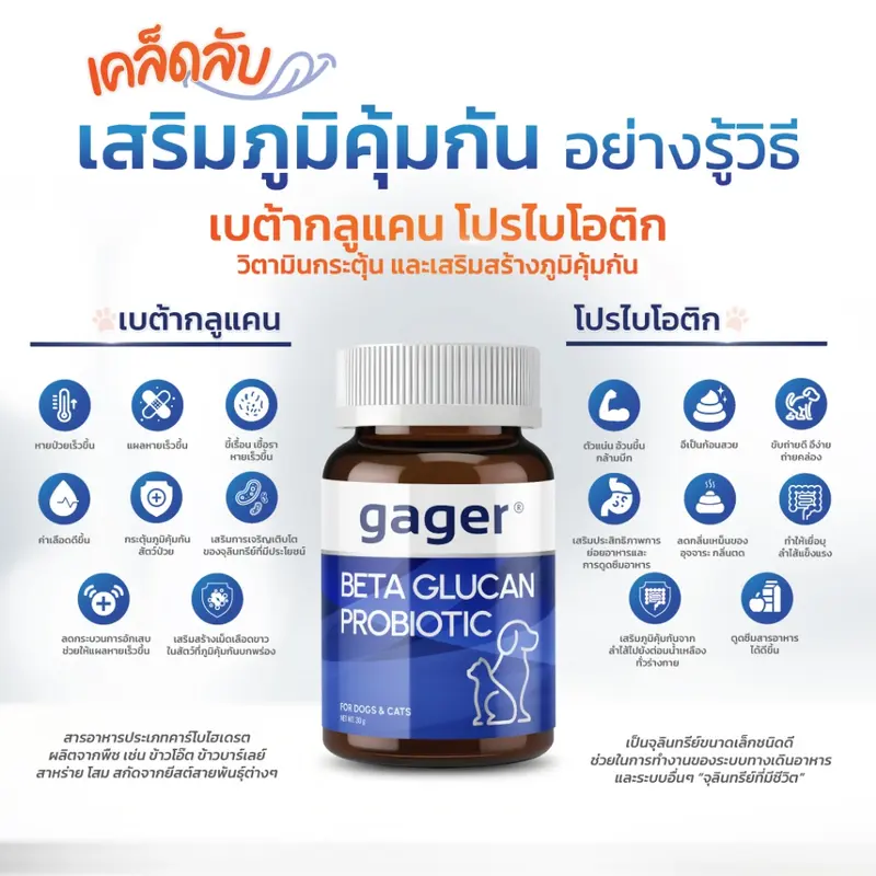 Gager (กาเจอร์) วิตามินหมา วิตามินแมว ผงเบต้ากลูแคน+โปรไบโอติค2in1 เสริมสร้างภูมิคุ้มกัน กลิ่นไก่ผสมตับ (มีตัวเลือก) Gager (กาเจอร์) วิตามินหมา วิตามินแมว ผงเบต้ากลูแคน+โปรไบโอติค2in1 เสริมสร้างภูมิคุ้มกัน กลิ่นไก่ผสมตับ (มีตัวเลือก)