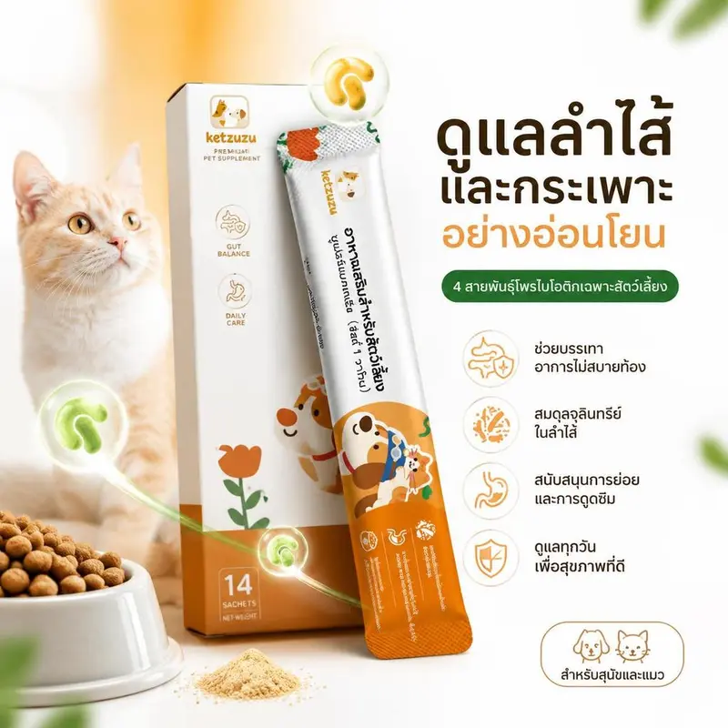 Ketzuzu 12/24 แพ็ค อาหารเสริมแมว เสริมภูมิคุ้มกันแมว โปรไบโอติกผง ช่วยแมวท้องเสีย อาเจียน และลำไส้แปรปรวน 14g