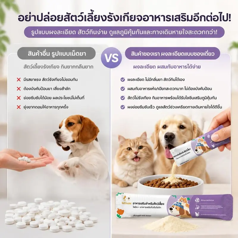 Ketzuzu 12/24 แพ็ค อาหารเสริมแมว อาหารเสริมสุนัข ไลซีนโปรไบโอติก ดูแลภูมิและลำไส้ 14g - ภาพที่ 4