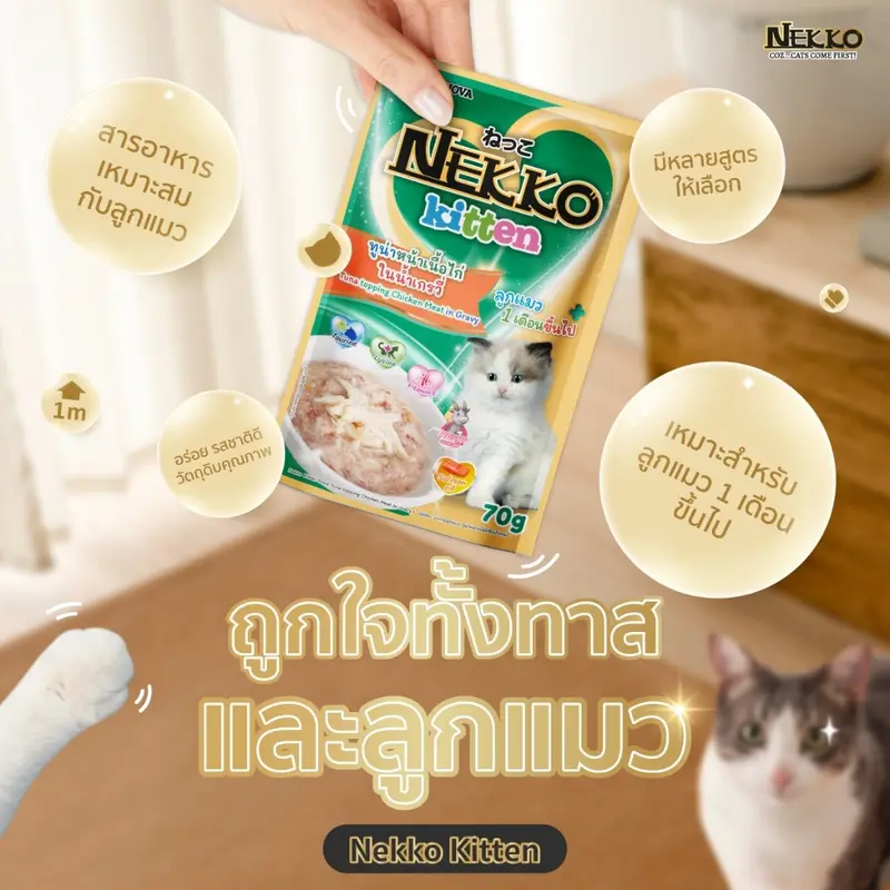 เน็กโกะ อาหารเปียกแมว แมวโต ลูกแมว Omega3 บำรุงขนและผิวหนัง 70g ยกโหล12ซอง - ภาพที่ 3
