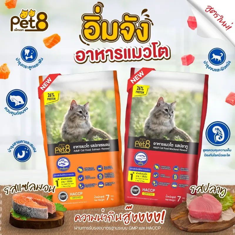 Pet8 อาหารแมวชนิดเม็ด สูตรแกะ แซลมอน ทูน่าและข้าว Hairball control เกรดพรีเมี่ยม อาหารแมวถุง 7kg - ภาพที่ 3