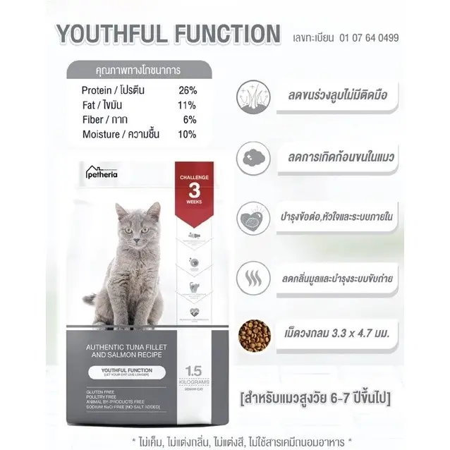 Petheria อาหารแมว เพ็ทเทอเรีย ครบทุกสูตร ลดการเกินก้อนขน ไม่เติมเกลือ ไม่เค็ม ขนาด 1-1.5KG - ภาพที่ 5