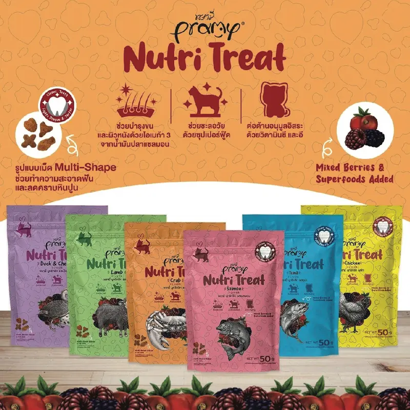 Pramy Nutri-Treat พรามี่ ขนมขัดฟันแมวหลากหลายรสชาติ ขนาด 50g Pramy Nutri-Treat พรามี่ ขนมขัดฟันแมวหลากหลายรสชาติ ขนาด 50g